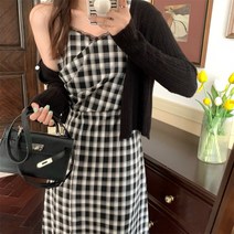 Karvin 여름 감미로운 블랙 앤 화이트 체크 슬림한 리본 스커트 디자인감 스커트 밑단 트임 원피스