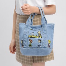 바라또샵 스누피 PEANUTS 데님 자수 핸디가방 넉넉한사이즈 캐릭터가방 토트백 연청