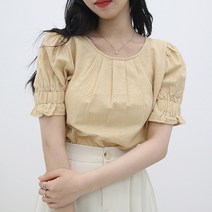 데이프릴 여성용 카멜 라운드넥 셔링밴딩 벌룬 반팔 린넨블라우스
