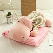 2in1 애니메이션 허그 이불 투웨이 낮잠 담요 소파 등쿠션 사무실 에어컨 기프트, 핑크 하마
