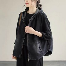 여성 청조끼 빅 사이즈 박시 문예 민소매 후드 데님 코트 봄가을 워싱 버클캐주얼 조끼 여성복 15번 WG Z, 평균 부호, 그림 색