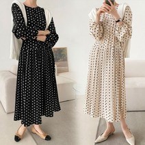 보리맘 도트 스트링 주름 뒷지퍼 롱 원피스
