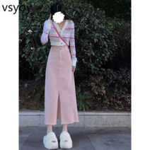 vsyoy 봄 젠틀웨어 여성 2023 새로운 한국 스타일 유행 올 매치 롱 슬리브 탑 스플릿 스커트 투피스 세트