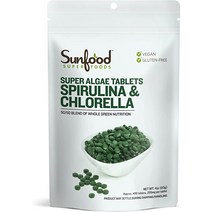 Sunfood 원시 스피루리나 클로렐라 정제 50/50 블렌드 엽록소 리치 깨진 세포벽 남조류 슈퍼푸드 유기농 비 GMO 천연 비건 단백질 100% 순수 4온스 백 456정
