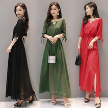 여성용 밴딩 트임 쉬폰 롱원피스 UP2414
