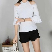 어깨트임 펄 니트티 나팔소매 골지 니트티 프리사이즈