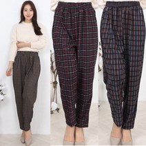 겨울 밍크퍼 안감 체크패턴 여성 배기바지 항아리바지 몸빼바지 엄마 고무줄 허리밴드 작업복 팬츠
