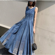 자칠 여름 데님 드레스 민소매 빅 슬리브 얇은 여성 스퀘어넥 청 나시 롱 원피스