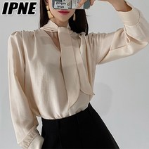 [이쁘네] 타이 블라우스 블랑 오피스룩 하객룩 면접 데일리 여성스러운 포멀핏 리본 기본 심플무지 결혼식 단정한 이쁜 예쁜 쉬폰 광택 하이넥 반목 봄 세미 정장 리본 스트랩 브이넥