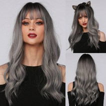 esin gray and brown ombre to blonde long water wave wigs with bangs daily natural wig for women 내열 합, 24인치, 협력사, yxlc6057-1