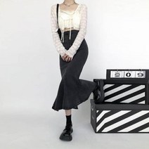 롱청치마 코디 데님 플리츠 스커트 여성 롱 트럼펫 빈티지 스플릿 포크 힙 랩 봄 가을 하이 웨이스트 스트레치 머메이드