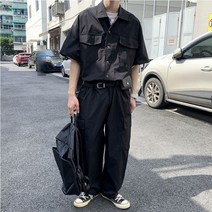 남성 여름 얇은 기능성 윈드 포켓 반팔 점프슈트 오버핏 캐주얼 스트랩
