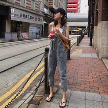 여성 청 데님 멜빵 바지 오버롤 와이드 루즈핏 메쉬 년 봄 여자 스트레이트 작은 키