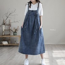 중년여성 40 50대 엄마옷 마담의류 빅사이즈 유니크 포켓 데님 멜빵 핀턱 롱 원피스