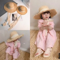 맘커플룩 유아 아기 여아 엄마랑아이랑 레이스끈 밀짚 라피아햇