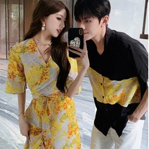 커플시밀러룩 여름 휴양지 빅사이즈 휴가 가을 코디 부부 캐주얼 여행 커플 스커트 한 옷 옷깃 셔츠 미국 왕실 자매 젊은 스타일 노란색 코트 갑옷 드레스 핫