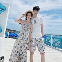 밝은톤커플룩 해변 해수욕장패션 바캉스룩 남자반바지와 티셔츠 여성원피스드레스 4276