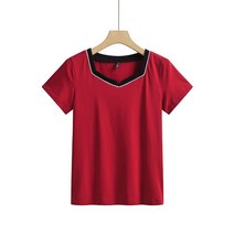 슬림 여성 대비 컬러 스퀘어 칼라 티셔츠 면 스판덱스 올 매치 데일리 반소매 티셔츠