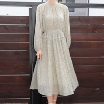 다나나나 라운드넥 셔링 플라워 밴딩 플리츠 쉬폰 롱 원피스