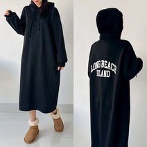 퍼니걸스 9698 데일리 후드 기모 레터링 롱 원피스 여성의류