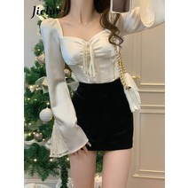 봄 긴 소매 우아한 새틴 블라우스 슬림 스퀘어 넥 캐주얼 office lady tops