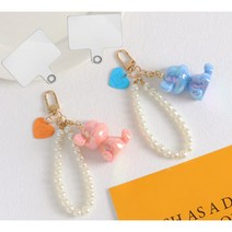 33트로피 홀로그램 베어 진주스트랩 키링 2개 태그홀더 세트, 핑크+블루, 1세트