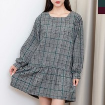블루모드 여성 가을 겨울 데일리 체크 퍼프 소매 프릴 원피스