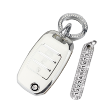 키에티 기아 폴딩키 스토닉 올뉴K5 니로 버튼 차 키케이스 키홀더 + 분실방지 큐빅 전화번호판, 3버튼, 화이트 실버라인