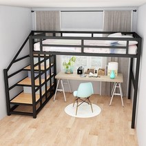 벙커 침대 단철 침대 이층 높은 침대 작은 아파트 다락방 높고 낮은 이층 침대 가정용 철 침대 이층 침대복층, 블랙 싱글 탑, 1350mm2000mm