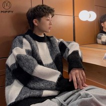 DFMEI 체크무늬 스웨터 남성 가을 겨울 루즈하고 캐주얼한 라운드넥 스웨터 만능 커플 셔츠