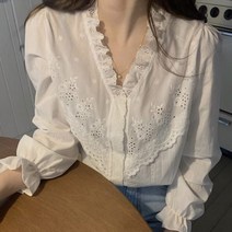 여성 상의 셔츠 오피스룩 소매 플리츠 프릴 러플 루즈핏 브이넥 펀칭 자수 블라우스
