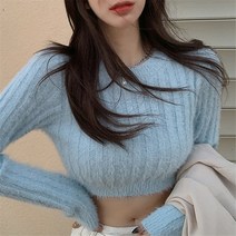스타일 봄 가을 여성 자른 스웨터 솔리드 컬러 솜털 o 넥 긴 소매 니트 점퍼 슬림 피트 풀오버 탑