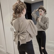 Mayfox체크 블라우스 뒷리본 퍼프소매 차이나카라