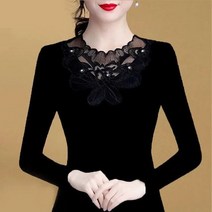 여성 블라우스 봄/여름 레이스 블랙 긴 소매 탑 패션 셔츠 오피스 레이디 상의