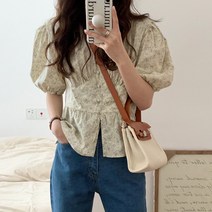 앞셔링 플라워 퍼프 반팔 블라우스 (하객룩/셔링)