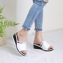 런슈즈 발편한 큐빅 와이드 스트랩 웨지 통굽 뮬 슬리퍼 7cm