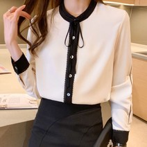 스타일아유 여성 단아한코디 배색 블라우스 차이나넥 셔츠 오피스룩