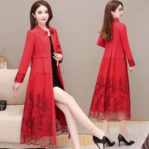 원피스형 트렌치코트 빅사이즈 여성 자수패치 A라인 미디 클래식 원피스 코트 재킷