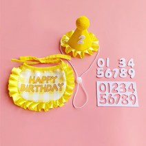 강아지 고양이 생일 파티 숫자 모자 스카프 케이프 턱받이 세트, 옐로우 (숫자 스티커 증정)