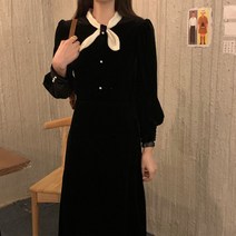 [랜덤플레이] 넥 리본 배색 벨벳 롱 원피스