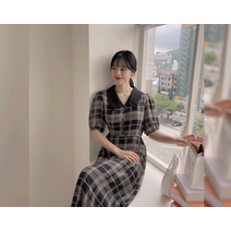 체크리너 체크 배색 리본 뒷밴딩 롱 원피스