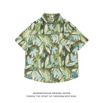 체크 남자 dailyguje 와이드카라 반팔와이셔츠 마피아 지드래곤옷 하와이안 셔츠 머슬핏 야자수 커플룩 봄