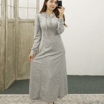버튼다운 쫀쫀 스판 퍼프 긴팔 후드 a라인 롱원피스 루즈핏