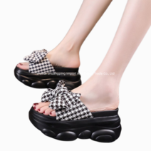 여성 메쉬 체크 왕리본슬리퍼 9cm 키높이 어글리 샌들