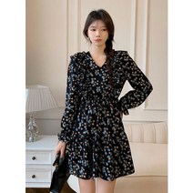 [이꾸띠] 이매쥔리 봄 가을 2040 여성 브이넥 플라워 부분 프릴 상큼 발랄한 스타일 2컬러 미니 원피스