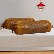 DK Homewares Ethnic Jacquard Brocade Silk Bolster Yoga Round Pillow Cover Floral Gold Tube Massand L, 1