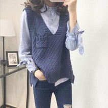 우먼써스데이아일랜드스웨터조끼크롭 아가일 체크패턴 배색 브이-넥 여자 오버핏 스웨터조끼, 네이비[단장 조끼]
