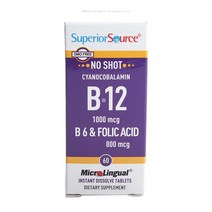 Superior Source 노 샷 시아노코발라민 B12 1000mcg B6 폴 산 800mcg 타블렛60개입 1개