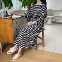 루즈핏 A라인 허리 스트링 체크 롱 원피스 블랙