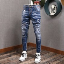 남자 명품 청바지 패션 스트리트 남성 청바지 슬림 피트 탄성 파괴 찢어진 데님 바지 페인트 접합 디자이너 힙합 펑크 바이커 바지
